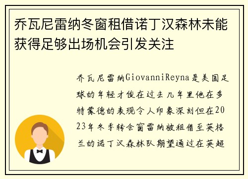 乔瓦尼雷纳冬窗租借诺丁汉森林未能获得足够出场机会引发关注 乔瓦尼雷纳冬窗租借诺丁汉森林未能获得足够出场机会引发关注